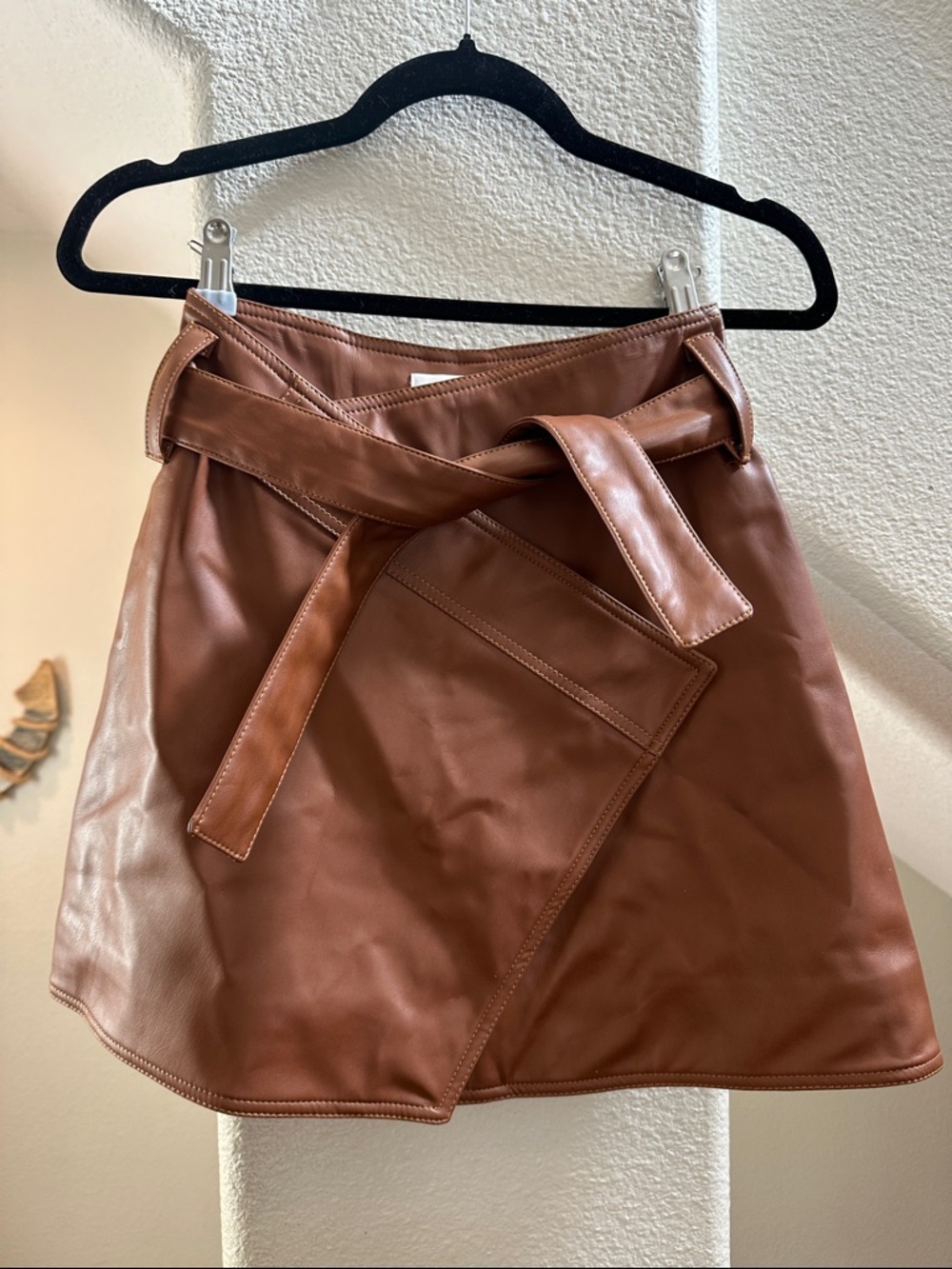 Divine Heritage Brown Vegan Leather Wrap Skirt Belted High Waist Luxe Minimalist